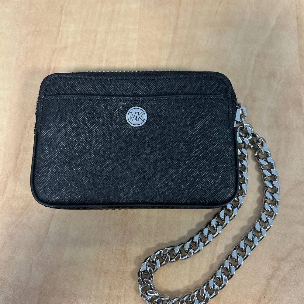 Michael Kors Black Saffiano Leather Zip Wristlet with Chain Strap - Picture 2 of 5